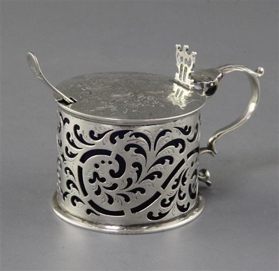 A William IV engraved silver drum shaped mustard by Edward Farrell, height 7.5cm.